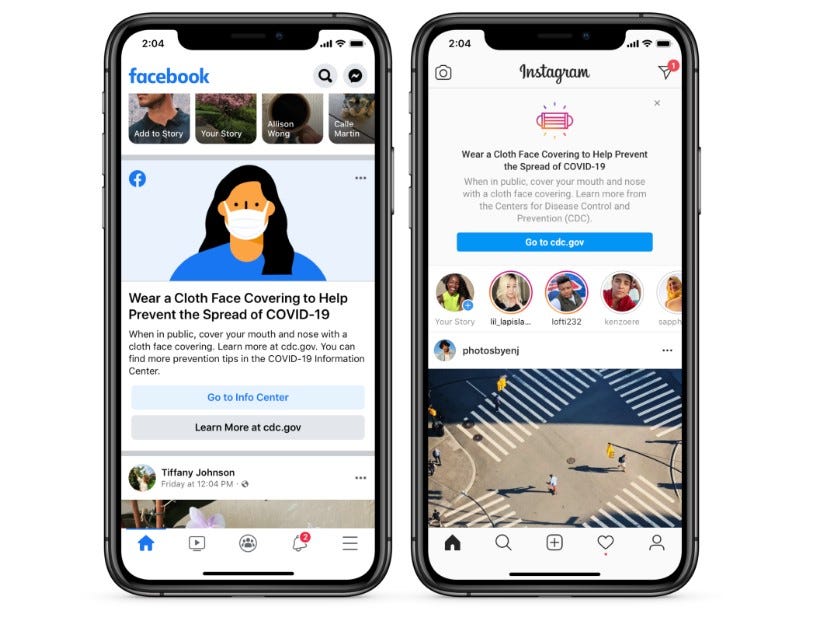 A new alert on Facebook and Instagram tells people to wear masks in public to help prevent the spread of the coronavirus
