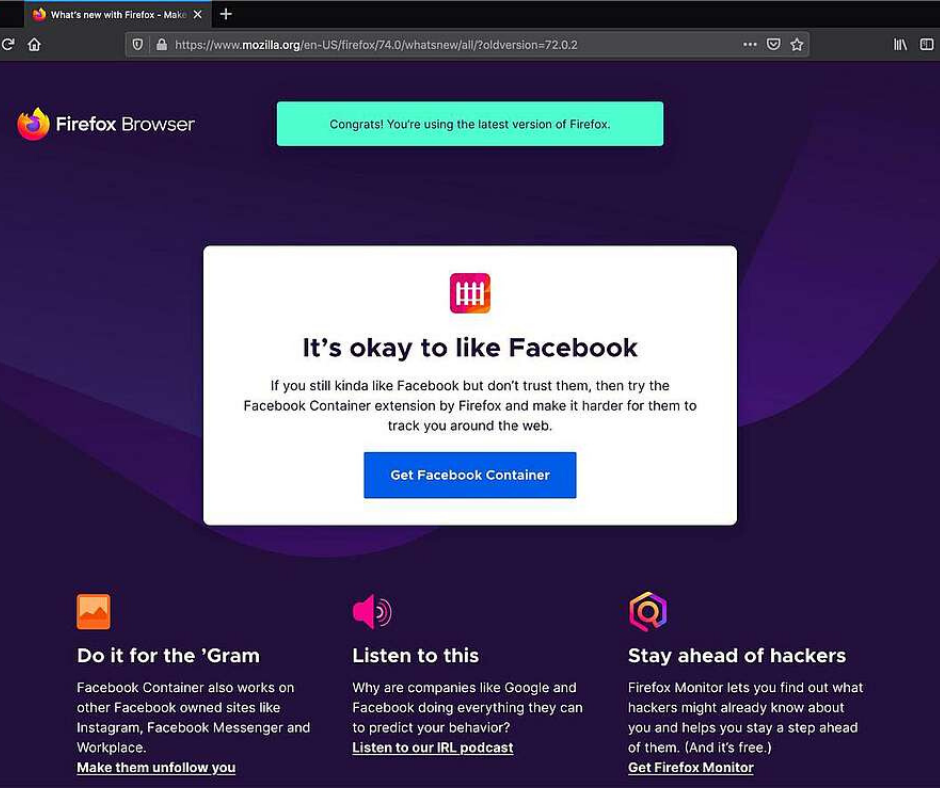 Firefox update blocks Facebook tracking