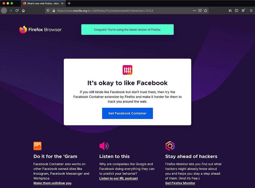 Firefox update blocks Facebook tracking